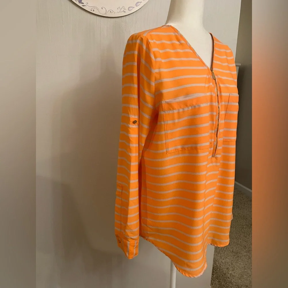 Calvin Klein Orange and Gray Striped V-Neck Top - Picture 3 of 7